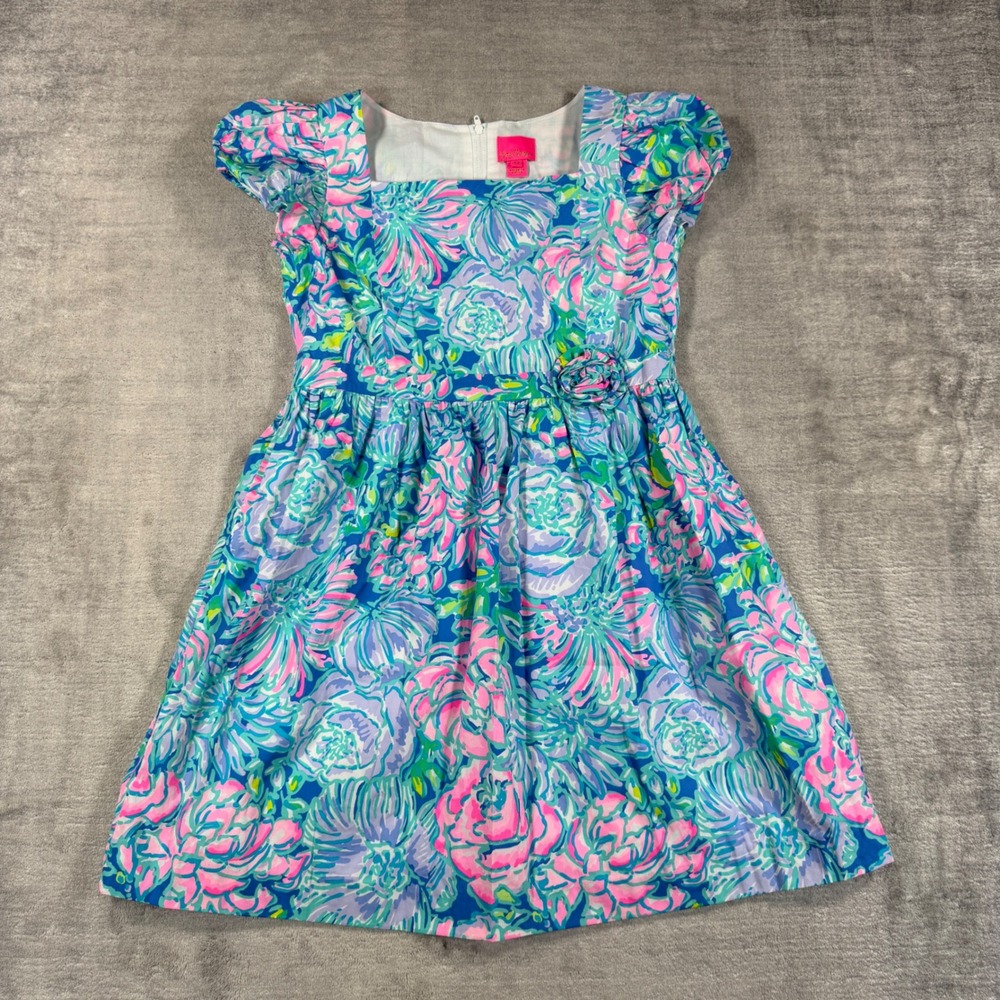 Lilly Pulitzer Dress Kids 12 Blue Floral Rosette Fit & Flare Tropical Summer
